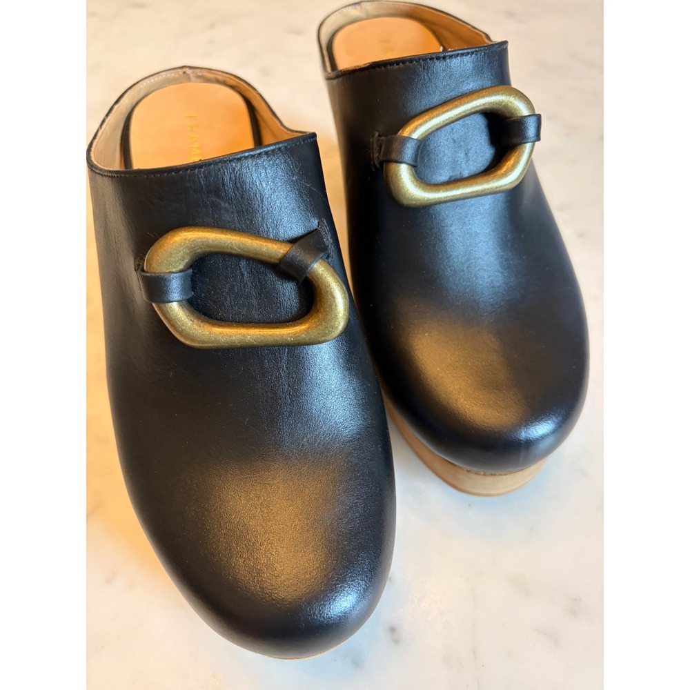 Frame Le Ione Clog Noir Black Leather Wooden Platform Mules Brass Buckle 37 US 7 - Picture 2 of 13
